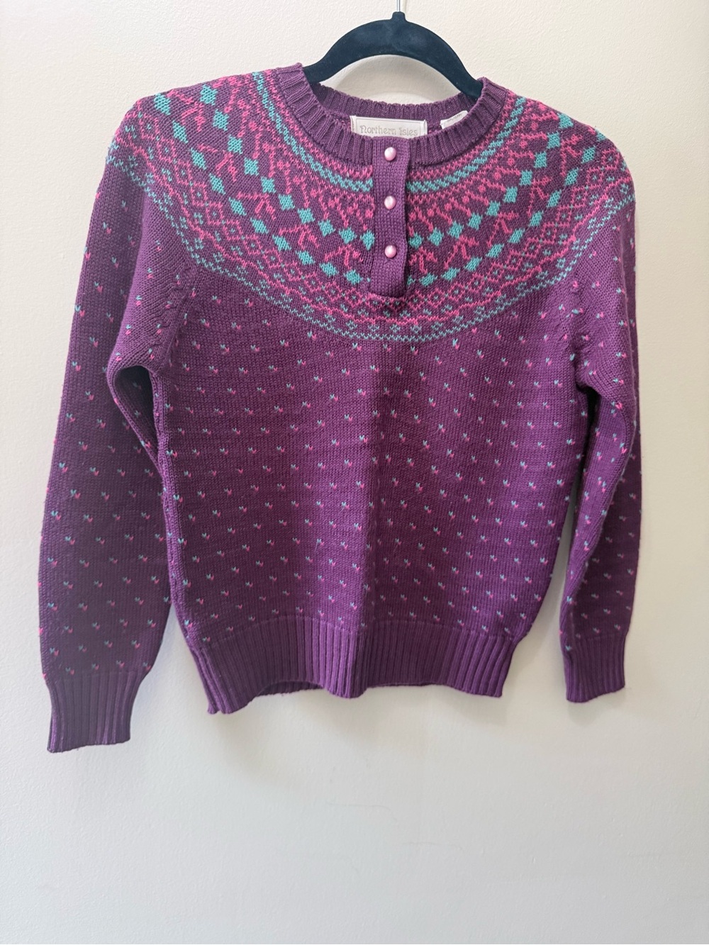 Vintage Fair Isle Purple Crewneck Knit Sweater Geometric Pattern Purple Pink S